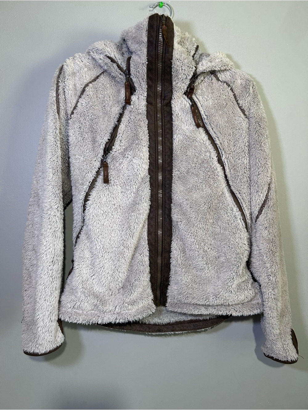 Title: KÜHL Flight Jacket Women’s M Gray Fleece Stowaway Hood Hiking Outdoor